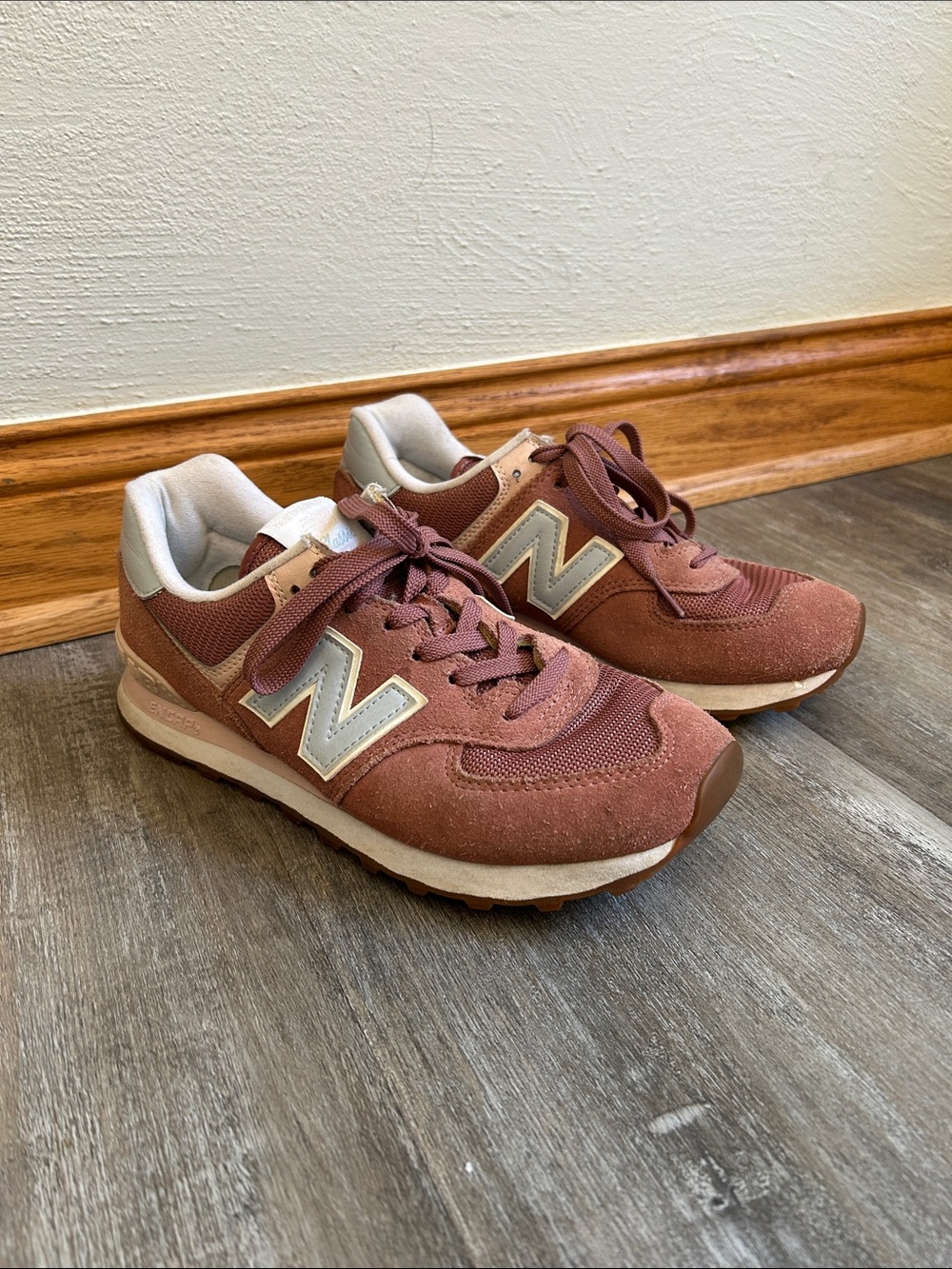 New Balance 574 Women’s Suede Sneakers, Dusty Rose, Light Pink, Light Blue